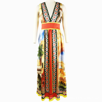 Costom Printed Sexy V Neck Maxi  Dress Bohemian Holiday Beach Dresses For Women